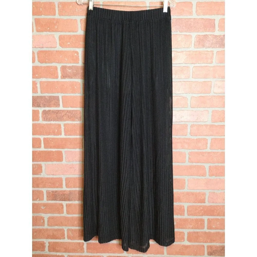 Paradise Women's Pleated Wide Leg Sheer Pants Elastic Waist Black Size Large